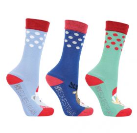 Hy Equestrian Children's Christmas Character Socks (Pack of 3) - Navy/Blue/Green - Child 8-12 - HY