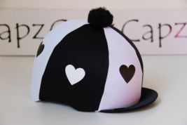 Capz Lycra Skull Cap Cover Hearts with Pom Pom  Black - White - Capz