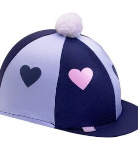 Capz Lycra Skull Cap Cover Hearts with Pom Pom  Navy - Lilac Hearts