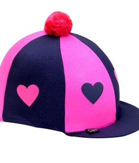 Capz Lycra Skull Cap Cover Hearts with Pom Pom  Navy - Pink Hearts