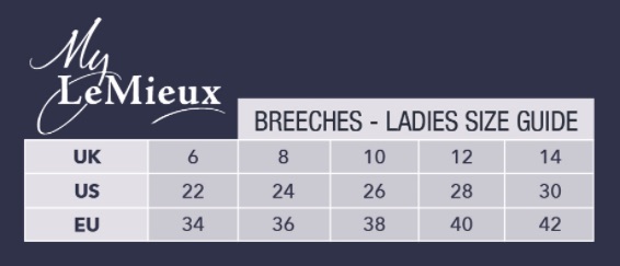 LeMieux Breeches Size Chart